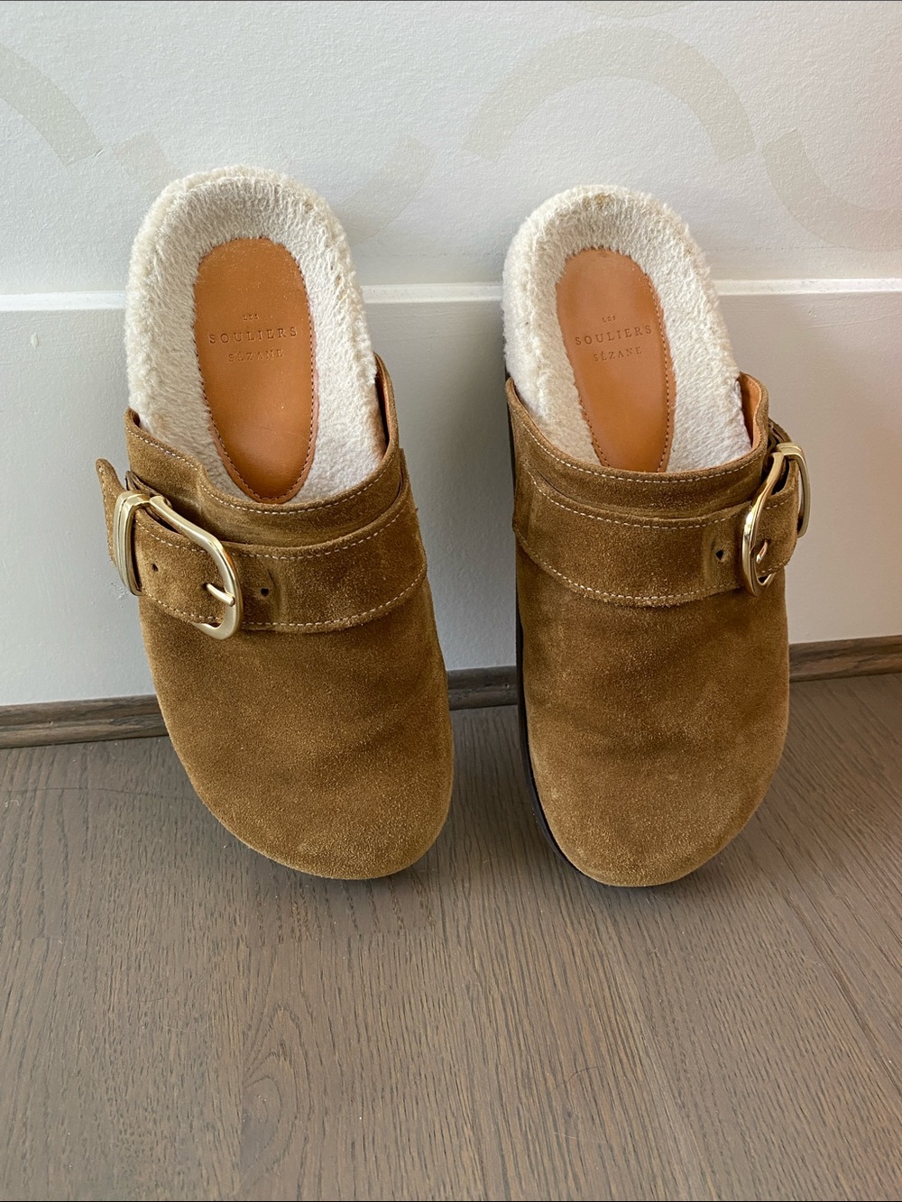Sezane Marla Mules Suede Shearling-Lined Buckle Clog Mules in taupe